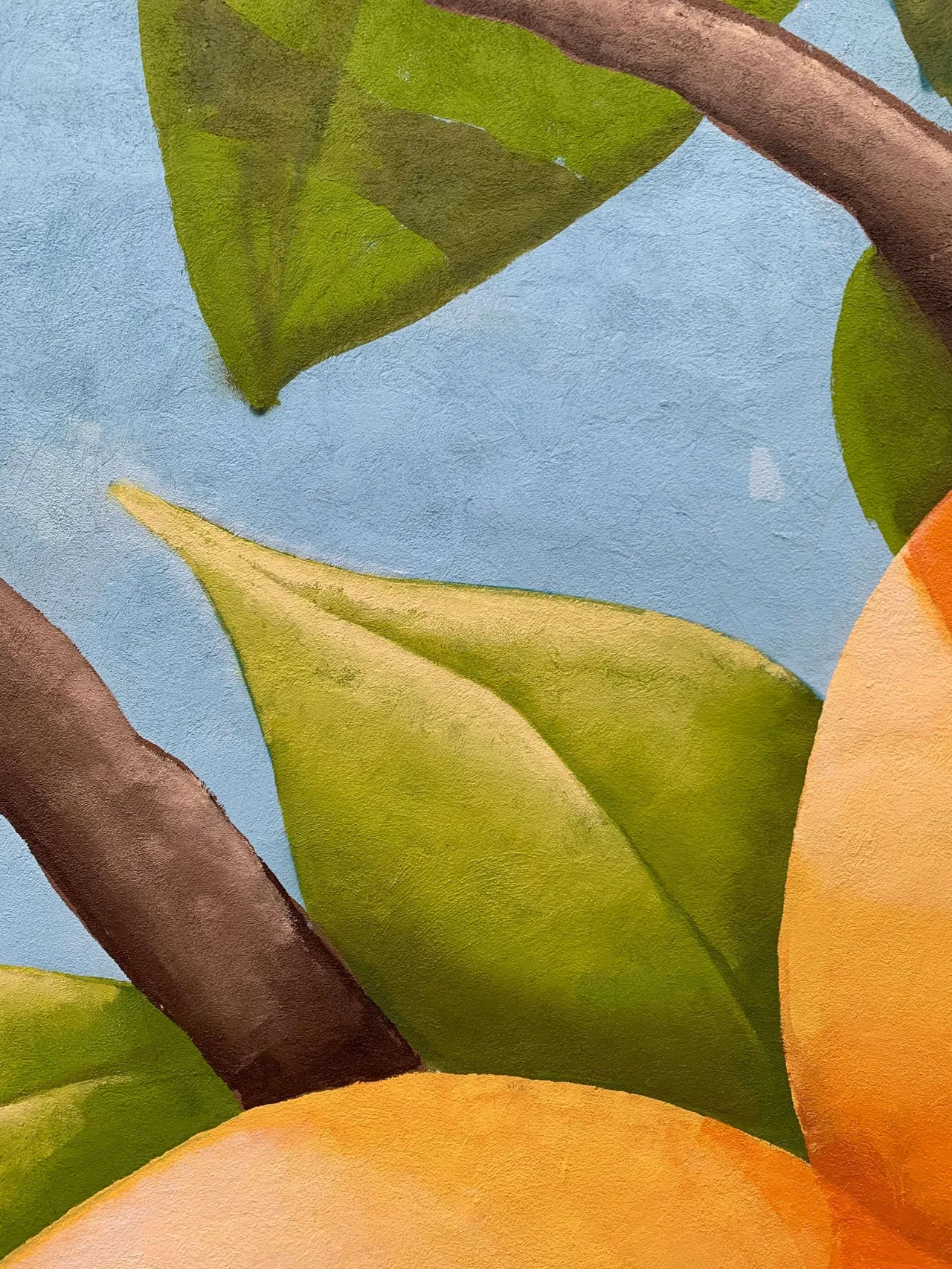 Close-up of painted leaves, a branch and an orange